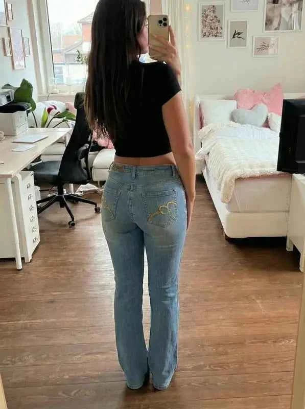 Embroidered Y2K Flared Denim Jeans (Grösse-S)