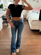 Embroidered Y2K Flared Denim Jeans (Grösse-XS)