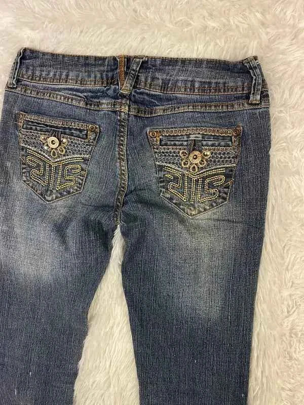 Embroidered Y2K Flared Denim Jeans (Grösse-XS)