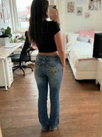 Embroidered Y2K Flared Denim Jeans (Grösse-XS)