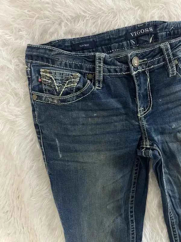 Embroidered Y2K Flared Denim Jeans (Grösse-M)
