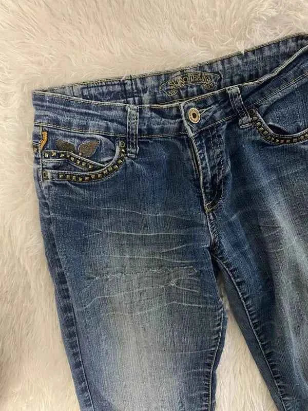 Embroidered Y2K Flared Denim Jeans (Grösse-M)