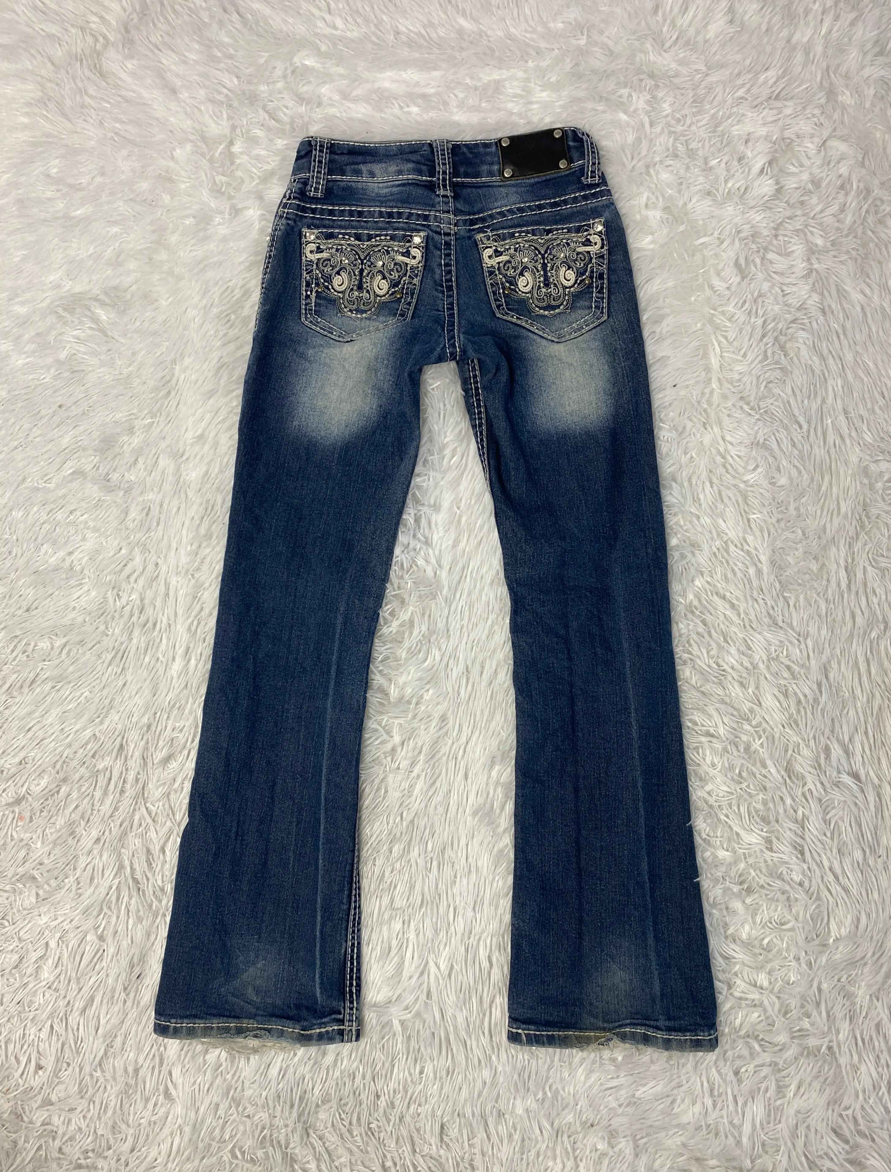 Embroidered Y2K Flared Denim Jeans (Grösse-XXS)