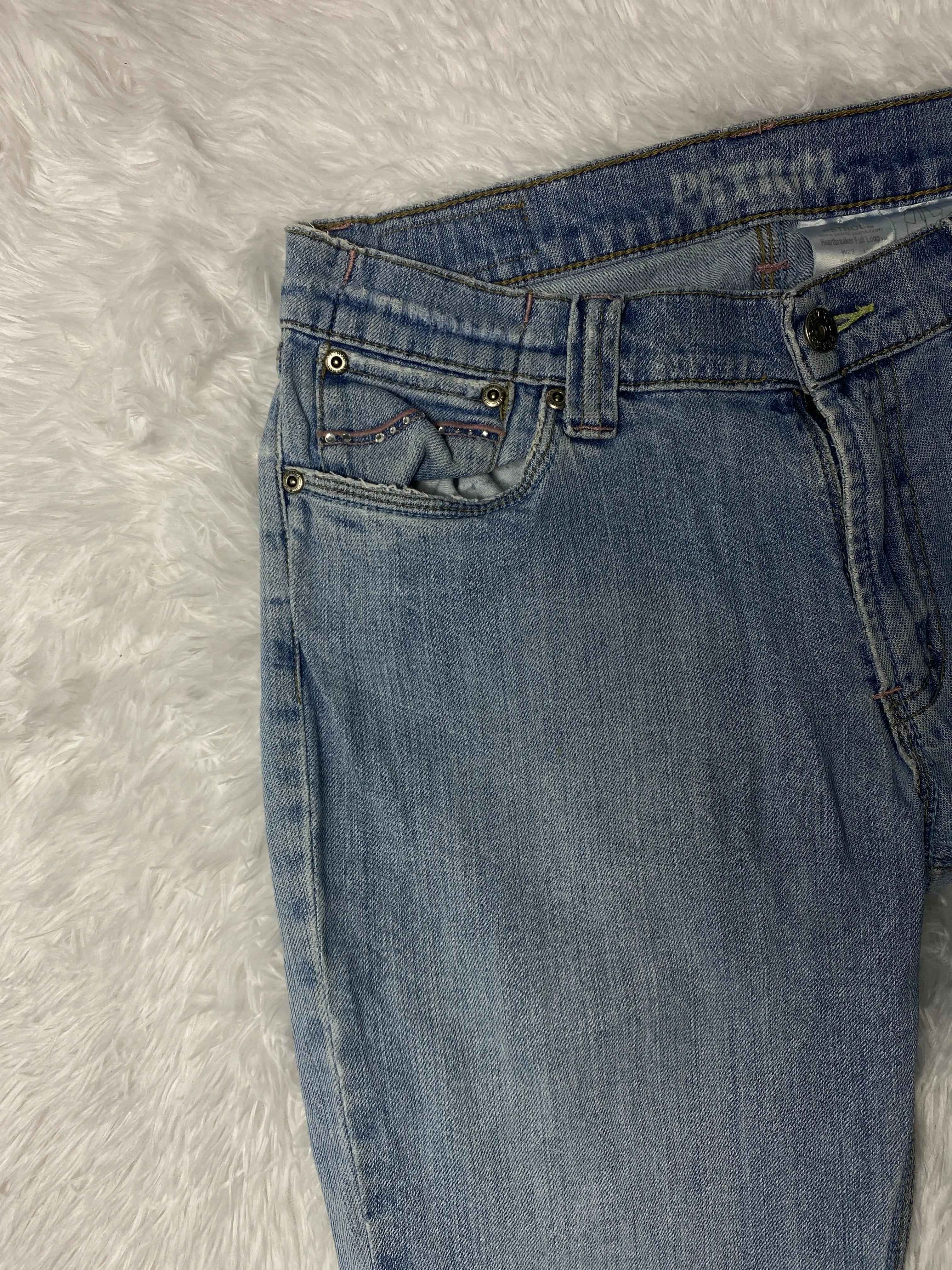 Petrol Embroidered Y2K Flared Denim Jeans (Grösse-S)