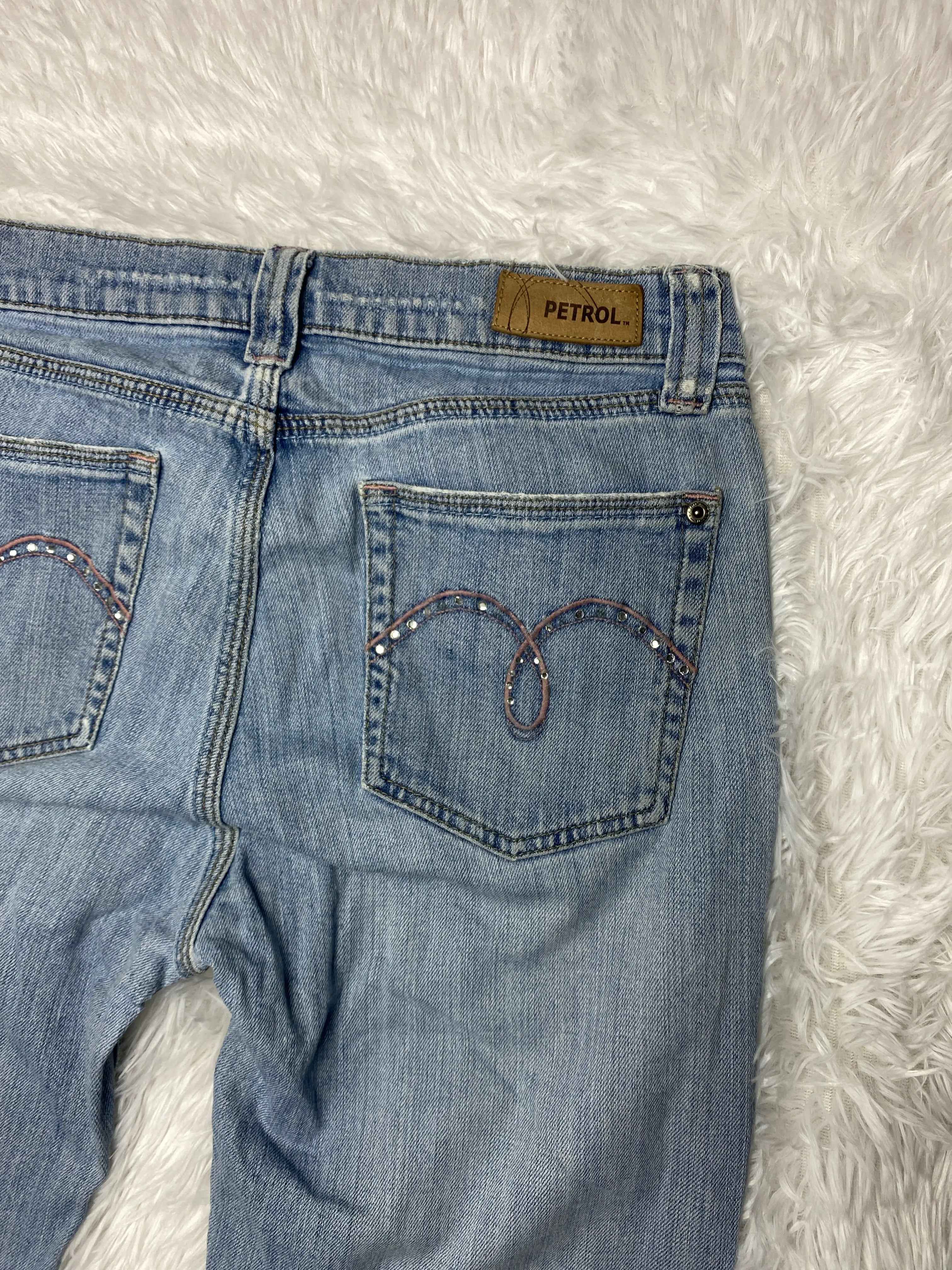 Petrol Embroidered Y2K Flared Denim Jeans (Grösse-S)