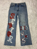 Petrol Embroidered Y2K Flared Denim Jeans (Grösse-S)