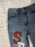 Petrol Embroidered Y2K Flared Denim Jeans (Grösse-S)