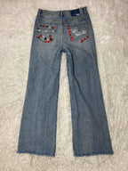 Petrol Embroidered Y2K Flared Denim Jeans (Grösse-S)