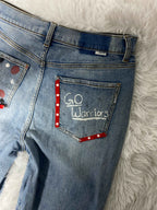 Petrol Embroidered Y2K Flared Denim Jeans (Grösse-S)